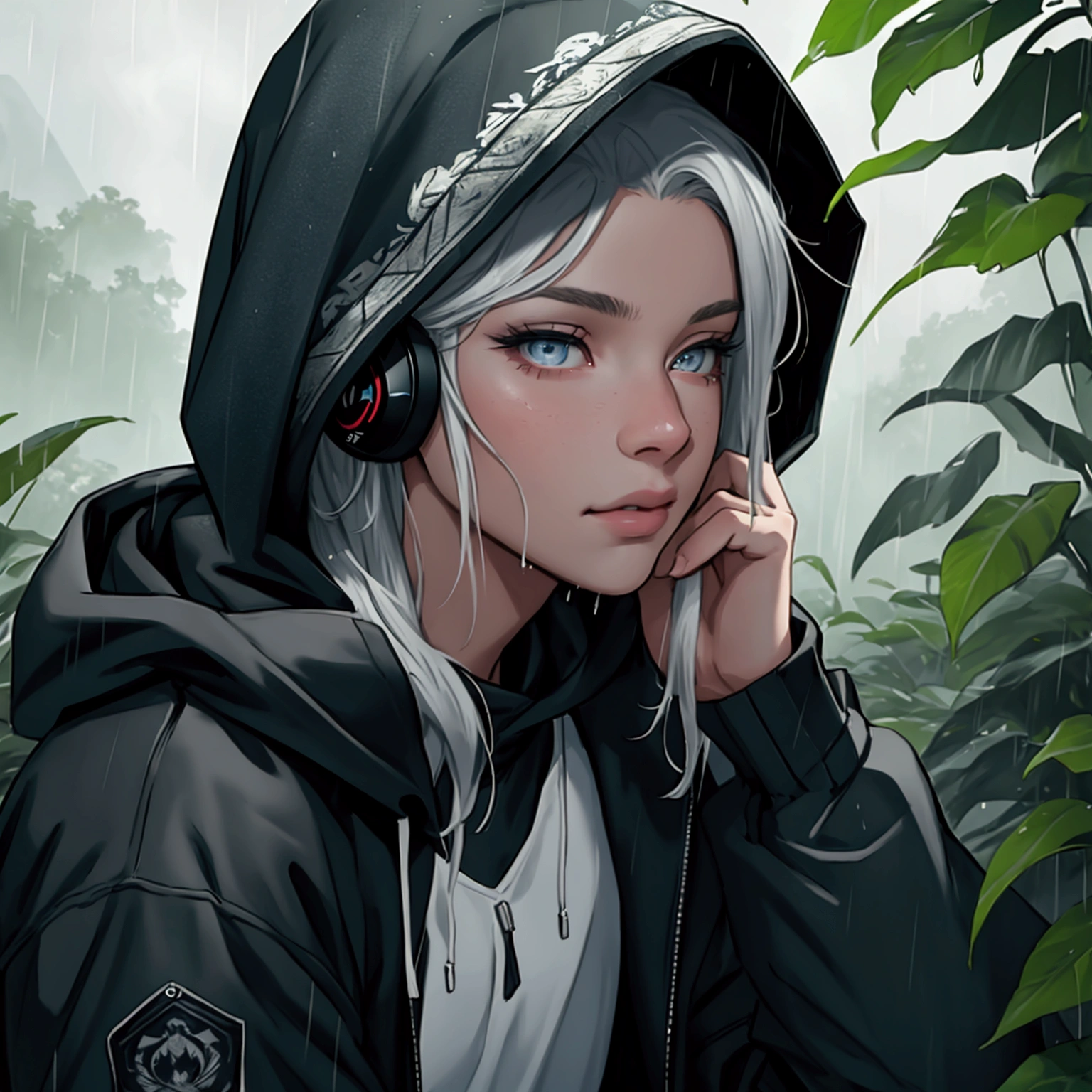 A young man wearing a mountain parka with the hood up, listening to music on a waiakeisuiyahon, in the corner of a lush park on a rainy day, cinematic lighting, beautiful detailed eyes, beautiful detailed lips, extremely detailed face, long eyelashes, portrait, realistic, photorealistic, photo-realistic:1.37, best quality,4k,8k,highres,masterpiece:1.2,ultra-detailed,HDR,UHD,studio lighting,ultra-fine painting,sharp focus,physically-based rendering,extreme detail description,professional,vivid colors,bokeh,moody,melancholic,rain,overcast skies,lush greenery,nature park
