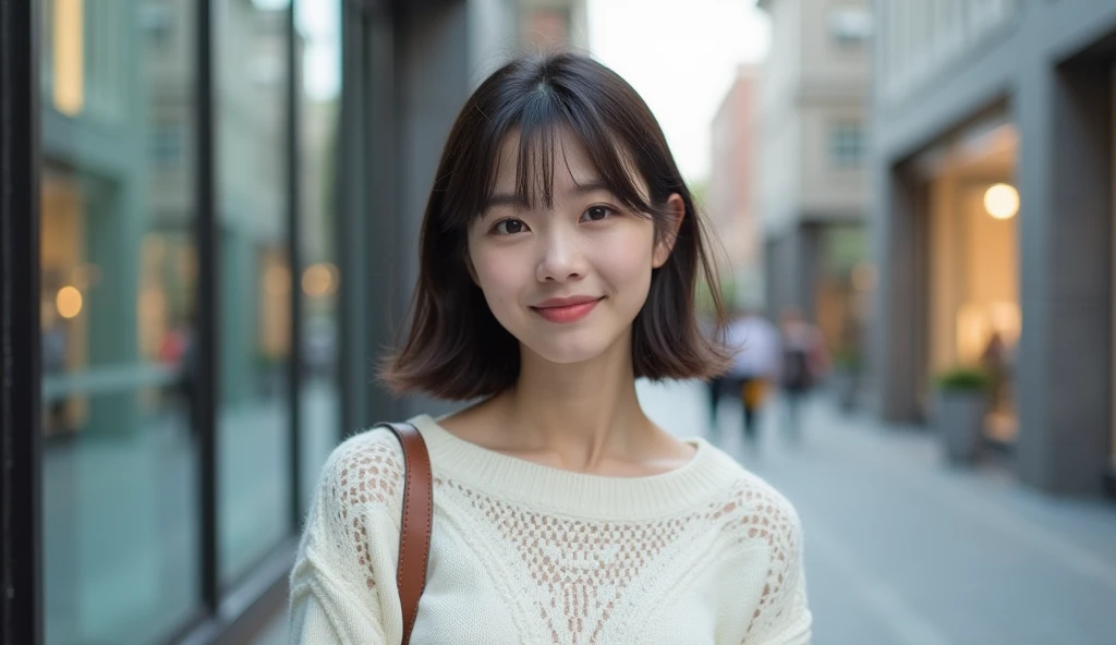 Highest quality, Face Focus, Soft Light, Ultra-high resolution, (Realistic:1.4), RAW Photos, 1 Japanese girl, alone, cute, (pupil, There'There'The light in my eyes), Beautiful face in every detail, (),(High resolution detail of human skin texture), Damask Shirt Dress, (Portraiture) 高精細にpupilにフォーカス smile Transparent bang 20-year-old ((White thick elegant half-neck knit sweater)) On the way to shopping、The background is the city、Thin eyebrows Beautiful breasts very cute Beautiful white skin Beautiful Hair (Very stylish and beautiful straight bob hair:1.3) See-through bangs