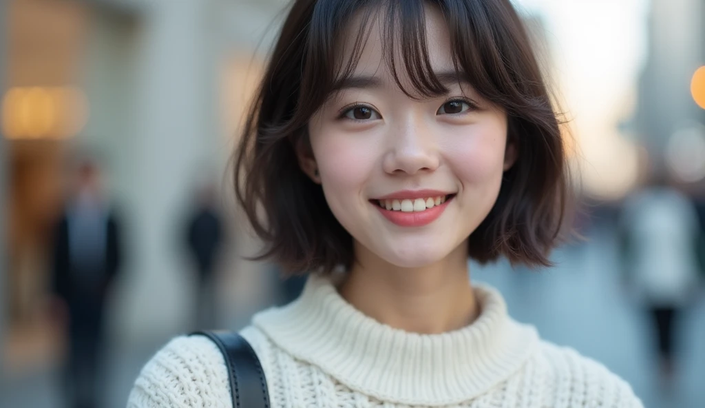 Highest quality, Face Focus, Soft Light, Ultra-high resolution, (Realistic:1.4), RAW Photos, 1 Japanese girl, alone, cute, (pupil, There'There'The light in my eyes), Beautiful face in every detail, (),(High resolution detail of human skin texture), Damask Shirt Dress, (Portraiture) 高精細にpupilにフォーカス smile Transparent bang 20-year-old ((White thick elegant half-neck knit sweater)) On the way to shopping、The background is the city、Thin eyebrows Beautiful breasts very cute Beautiful white skin Beautiful Hair (Very stylish and beautiful straight bob hair:1.3) See-through bangs