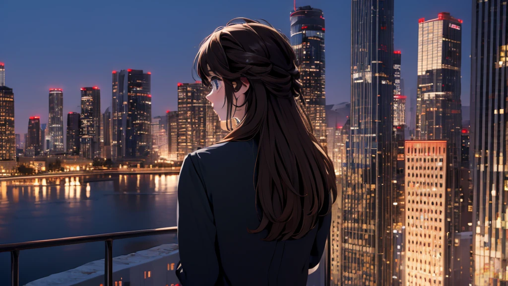 2 girl, medium light brown hair, light blue eyes, wearing black suit, night city, absurdres, high res, ultrasharp, 8K, masterpiece, looking from behind