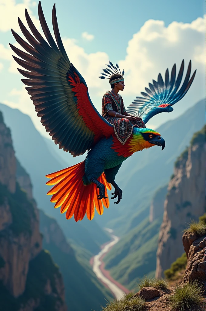 A multicoloured Condor flying over the Colca, a rides on the Condor as its guide