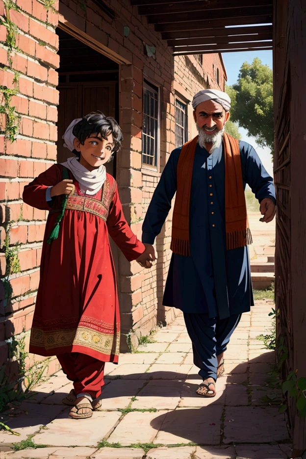 "An Afghan father with a warm and pleasant smile, holding a bright red pomegranate in his hand and wearing an Afghan dress walks towards an old house with brick walls and wooden windows. Around him, his children with bright eyes and cheerful smiles, in They are running and playing. The green and fruitful trees in the yard of the old house have created a pleasant and cheerful atmosphere, and the sound of children's laughter is in the air.
