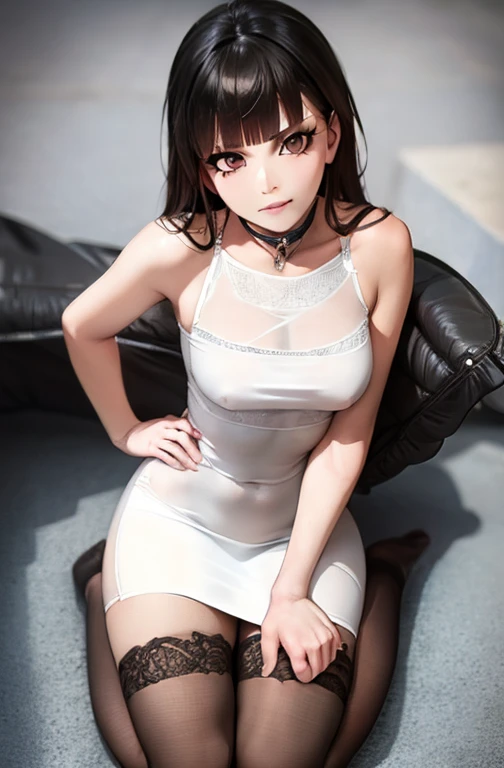 (masterpiece, Detailed Image,detailed picture) Sexy Riruka Dokugamine in a gorgeous dress, bleach girl, top quality, 16 thousand, ultra-detailed, black stockings, sucks dick and jerks off, whore, on his knees sucks and jerks off