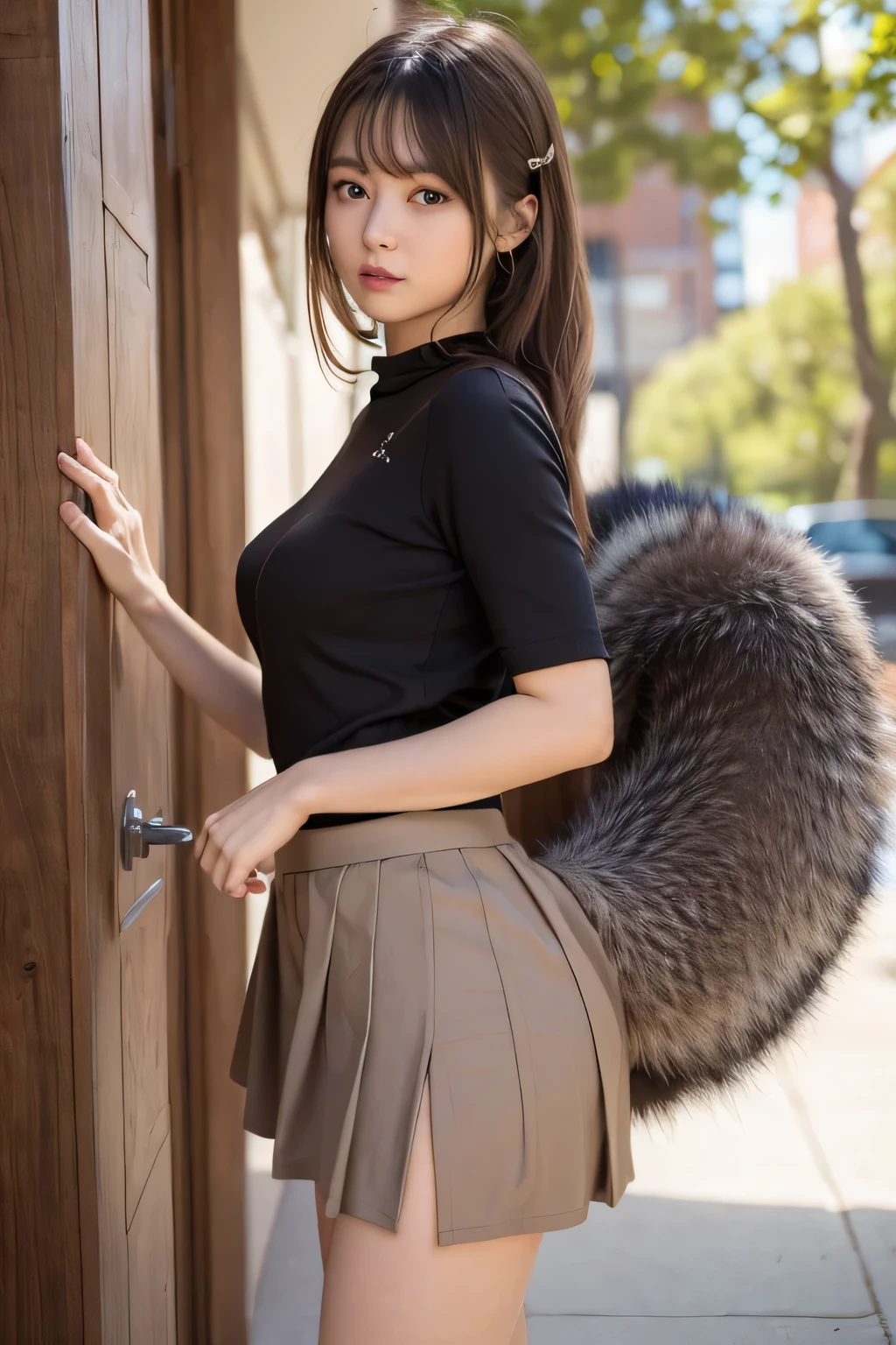 ((Highest quality, 8k)), ((masterpiece)), (Highest Resolution), Perfect Face, Woman with a raccoon tail, Female college student, Beautiful woman, public, ending, She has a thick tail, Big raccoon tail, She has a brown raccoon tail in her skirt., She wags her tail, Surprised face,  she is wearing a short skirt, Beautiful Hips , Small breasts, The hem of her skirt is rolled up by her tail., Bushy Tail
