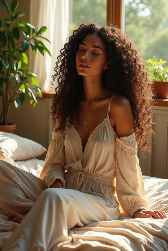 (photorealism:1.2), beautiful woman, sitting on bed, wearing loose off-shoulder top, pajama pants, long curly hair, indoors, soft lighting, plants in background, window with sunlight, cozy room, relaxed pose, realistic, intricate details, warm colors, by Greg Rutkowski, by Alphonse Mucha