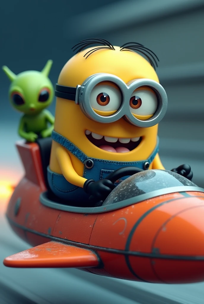 Minion driving a spaceship at full speed with an alien on board