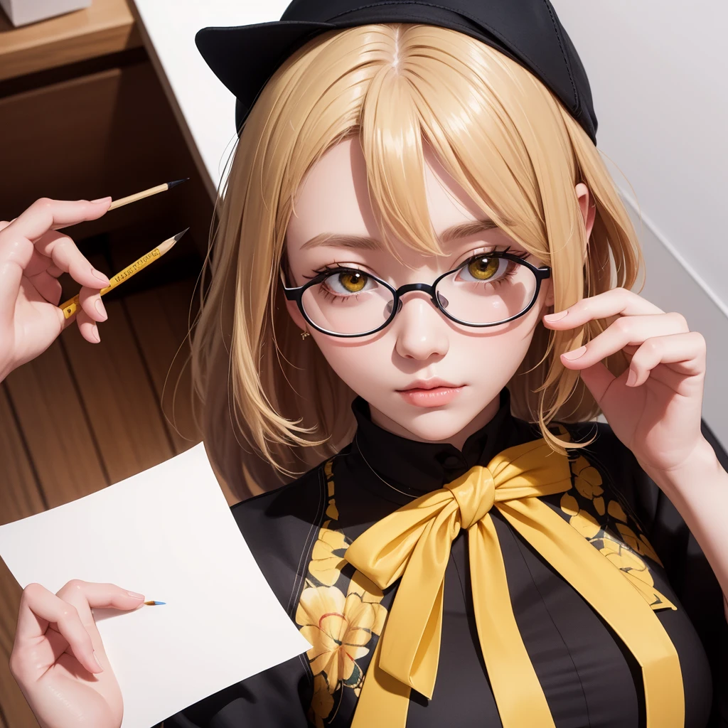 masterpiece,high quality,beautiful wallpaper,16k,photo shoot,1 girl,alone,ink stains,ink painting,((paper)),holding paper,((drawing girls on paper)),pencil, long with yellow and black highlights hair,wear glasses,black and yellow hair