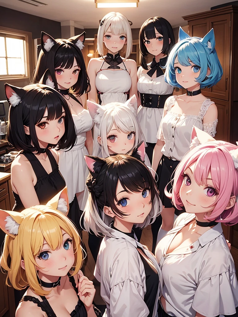 Whole body, short wavy hair, heterochromia, room background, five girls, Kemonomimi
