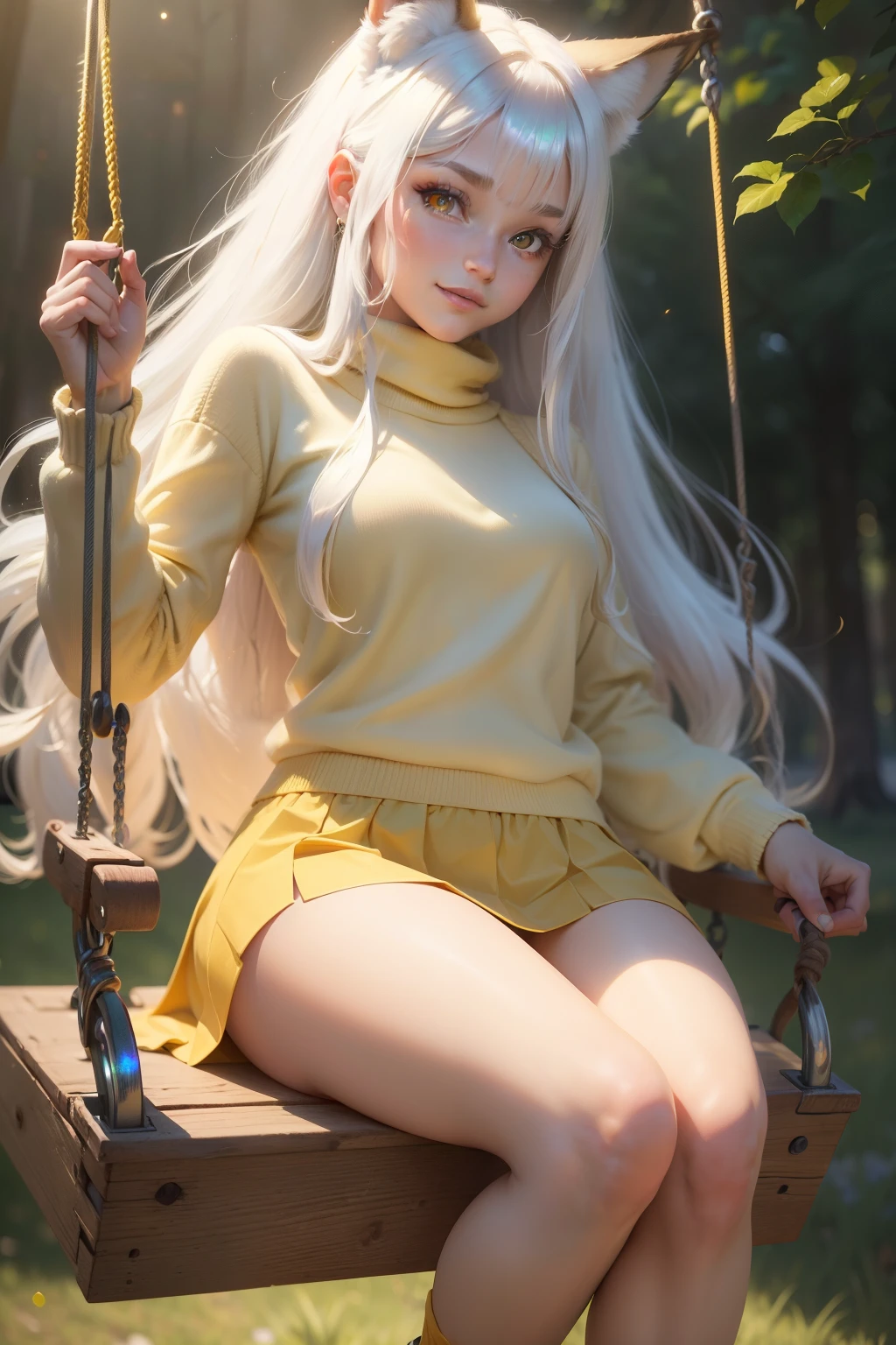 (best quality, 4k, 8k, highres, masterpiece:1.5), 1girl, ultra-detailed, detailed face, detailed lips and eyes, realistic in the Style of Boris Vallejo
BREAK BLARKY beautiful caucasian girl with very long straight white hair, (yellow eyes:1.3), fair skin, expressive face, attractive appearance, animal ear fluff, animal ears, extra ears, fox ears, fox girl, fox tail, long hair, bangs, hair between eyes, blush,
BREAK smiling brightly, (Perfectly fitted sweater:1.2), (sparkles:1.2), (Iridescent:1.3), (dynamic angle:1.1), (She's on a swing.:1.3), (fullbody:1.2), Drawing an accurate swing, The swing is hanging by two ropes,vivid colors,sharp focus,portrait,beautiful yellow eyes:1.3,outdoors,realistic detailed eyes, 10 years old, child, cute, knee length skirt, long socks,