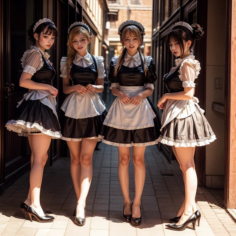 (Extremely Detailed((Kawaii Maid Group in a row:1.37))), Childish perfect face, Reflective Eyes, Detailed(Delicate Clothing textures), Dynamic Joyful Expressions LifeLike Rendering, (Specular Reflection:1.2), TopQuality 8K Ultra-detailed masterpiece (ProfessionalPhoto:1.37), (Acutance:0.8), (Luminism:1.28), (Renaissance art style), (Colorful Light particles:0.75), (Muscle:-0.5), ((Full body from side)), {(SkirtLift)|glossy floor|Kissing}, Radiant Fine Skin with Transparency, (Exposed:0.5), (Different types of anime character like hair colors:1.35)