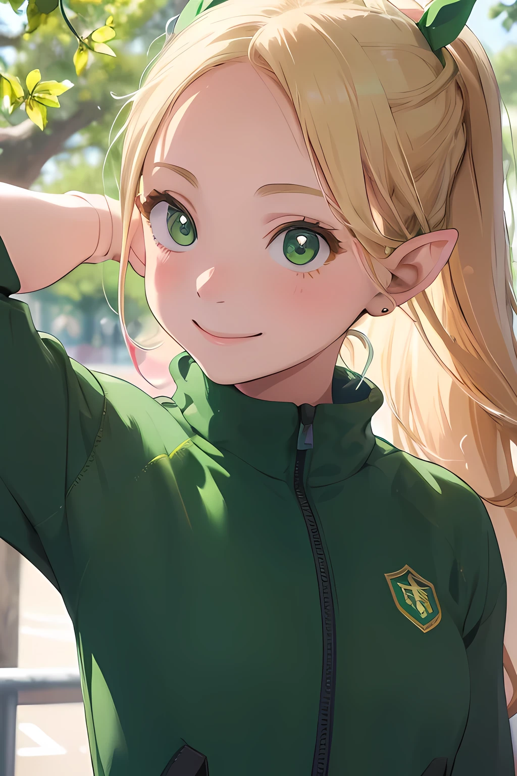 (masterpiece), best quality, expressive eyes, detailed background, 1girl, perfect face, marcille_donato as an artistic gymnastic, green uniform,, olympic games pointy_ears, blonde_hair, green_eyes, smile, 