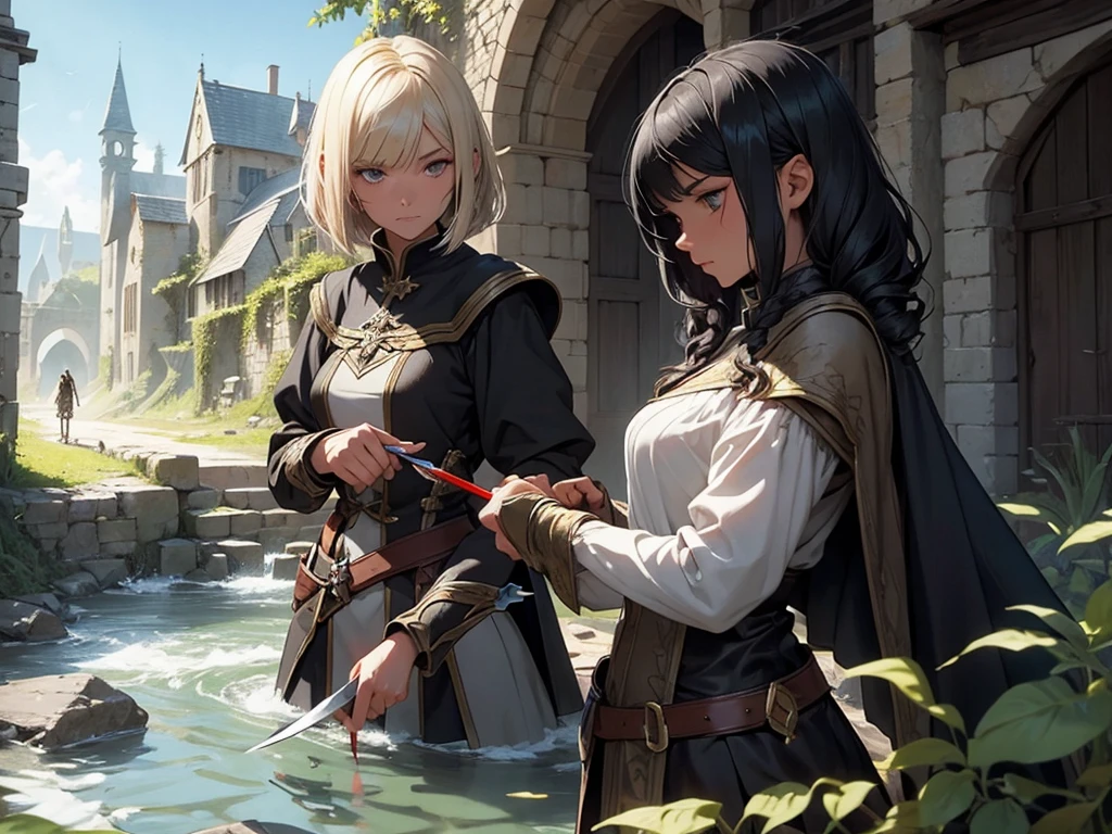 Medieval fantasy illustration A skinny black haired girl assassin stabs an inquisitor with a knife on the river bank. A girl with curly blonde bob hair is lying behind her.