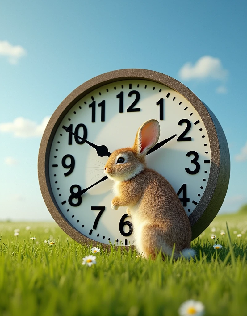In a lush green meadow under a clear blue sky, a giant clock with correct numbers stands prominently. A very large, fluffy rabbit is playfully interacting with the clock, clinging to its large hand and wrapping around the gears, emphasizing the harmony between nature and the concept of time. The rabbit's playful and curious nature is highlighted by its position and interaction with the clock.