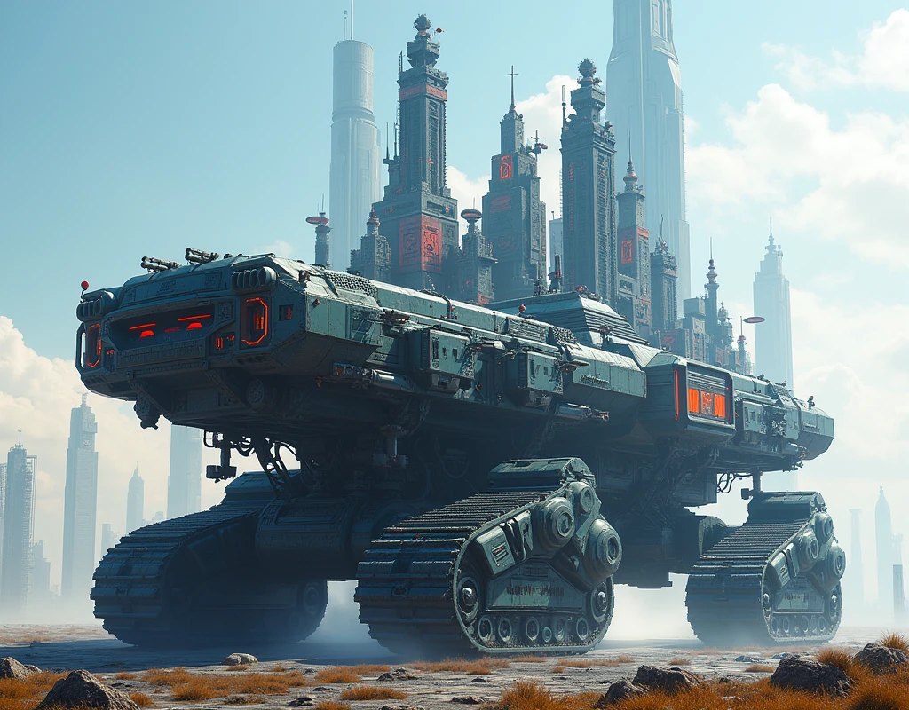 concepte d’une ville sur un gigantesque char blindé du futur, immeubles et buildings visible dessus au centre du tank, concepte imaginé par une IA de haute qualitée, blindage très futuriste et détaillé, blindage formé par de multiples canons sur tourelles et de pinces mécaniques, char sur chenille et roues, recouvert de haute technologie, lasers, néons multicolores, couleurs électroniques sublimes, conception sublime, hyperréaliste, très détaillé, masterpiece, 8k, 16k, paysage futuriste