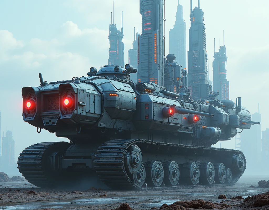 concepte d’une ville sur un gigantesque char blindé du futur, immeubles et buildings visible dessus au centre du tank, concepte imaginé par une IA de haute qualitée, blindage très futuriste et détaillé,  blindage formé par de multiples canons sur tourelles et de pinces mécaniques, char sur chenille et roues, recouvert de haute technologie, lasers, néons multicolores, couleurs électroniques sublimes, conception sublime, hyperréaliste, très détaillé, masterpiece, 8k, 16k, paysage futuriste