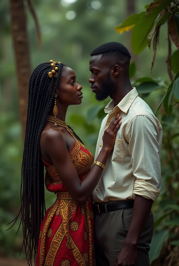 Create A realistic photo of an intimate and emotional scene of Ndulu (a young and beautiful African princess with deep brown skin and warm golden undertones. She should have long, intricate braids adorned with beads and cowries, symbolizing her royal heritage. Her large, soulful brown eyes should reflect a mix of strength, sorrow, and the beginnings of rebellion. Ndulu should be dressed in vibrant, traditional African attire with rich patterns in deep reds and golds, adorned with gold jewelry. The background should feature elements of the village, with hints of lush greenery, symbolizing her connection to her roots.") and Silvano (a tall, well-built white missionary in his late 20s to early 30s. He should have short dark brown hair, piercing blue eyes, and a kind yet determined expression. He is dressed in simple missionary clothing—a white linen shirt with rolled-up sleeves, dark trousers, and a plain wooden cross around his neck)  meeting in secret under the moonlight in the dense forest surrounding Ozioma. Ndulu, a beautiful African princess, should be wearing a flowing traditional gown with intricate patterns and deep, vibrant colors. Her long braids are adorned with beads that catch the moonlight. Silvano, a tall, well-built white 