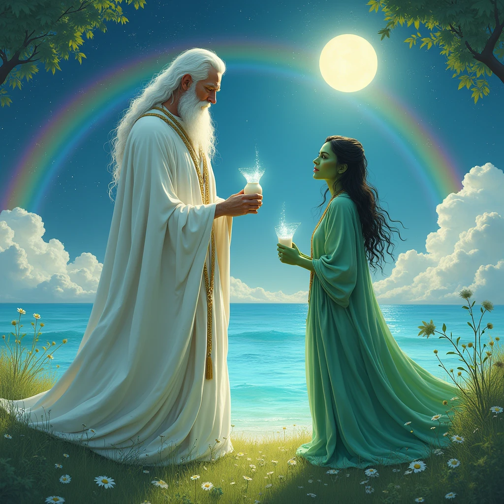 white bearded man white as snow with white furry white tunic and green grass woman holding white pitcher ice green grass skin green body from the front , blue sea background sea water, the sun stars rainbow on top of the image and moon below the image