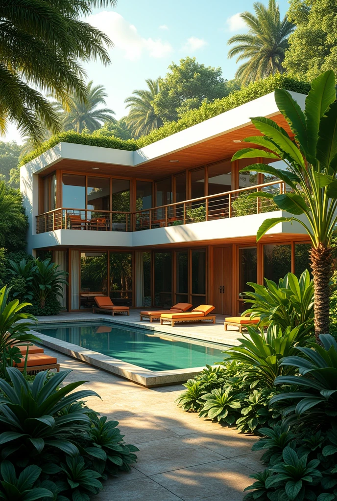 Websiteheader,tropical paradise,vallarta visions,modern architectural home,tropical plants,lush greenery,sunlight streaming through windows,warm color tones,photorealistic,highly detailed,8k,intricate details,cinematic lighting,award winning illustration