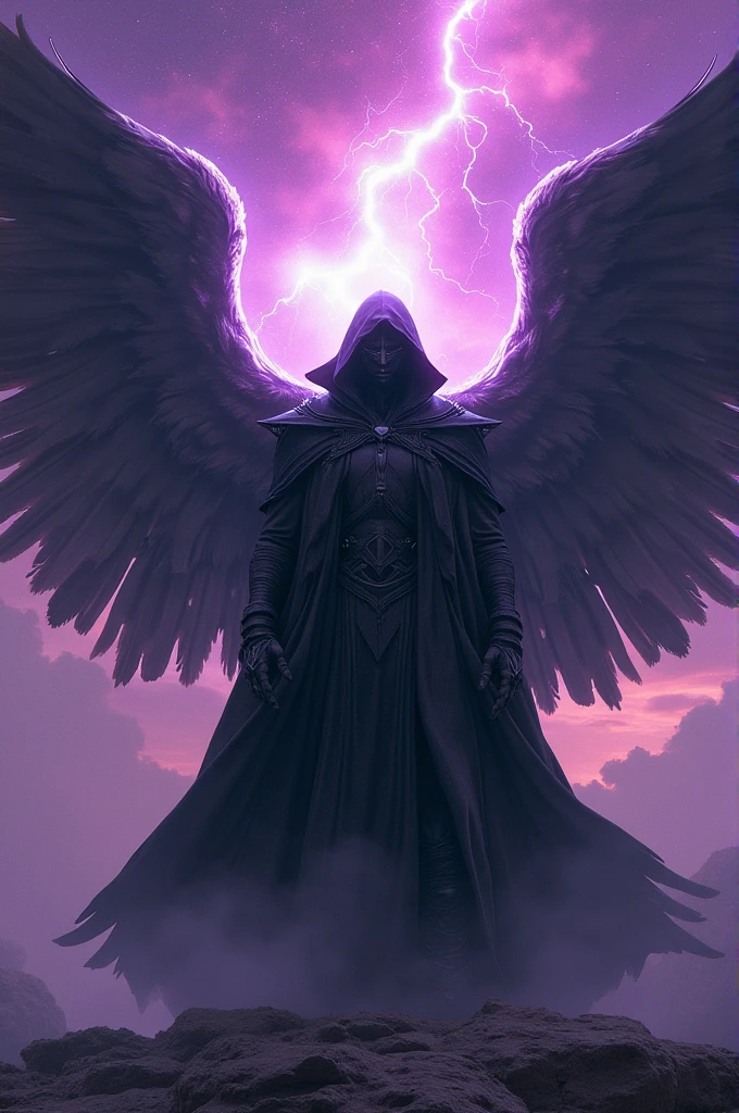 Afro male in a scary coat Mask on with huge wings steering at the sky with the word Tj Purple boldly written on the background