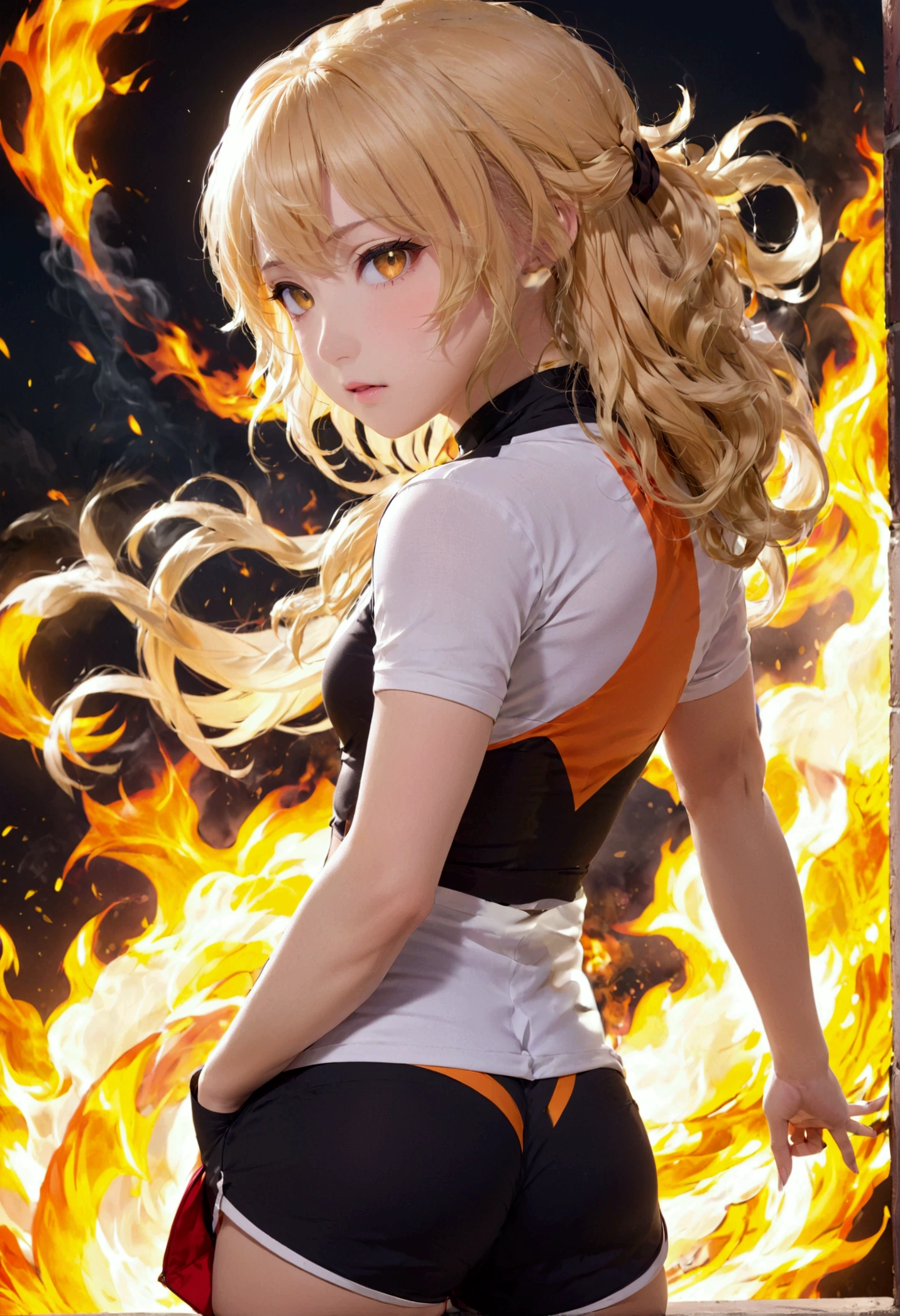 (promotional art), (Whole body), Yang Xiao Long of 'RWBY', aroused face, yellow hair, mystic fire all around, skin tight shorts, booty cheek shorts, 3/4 looking back pose, lean muscle, strong butt, ass cheek peaks out from shorts, underboob showing