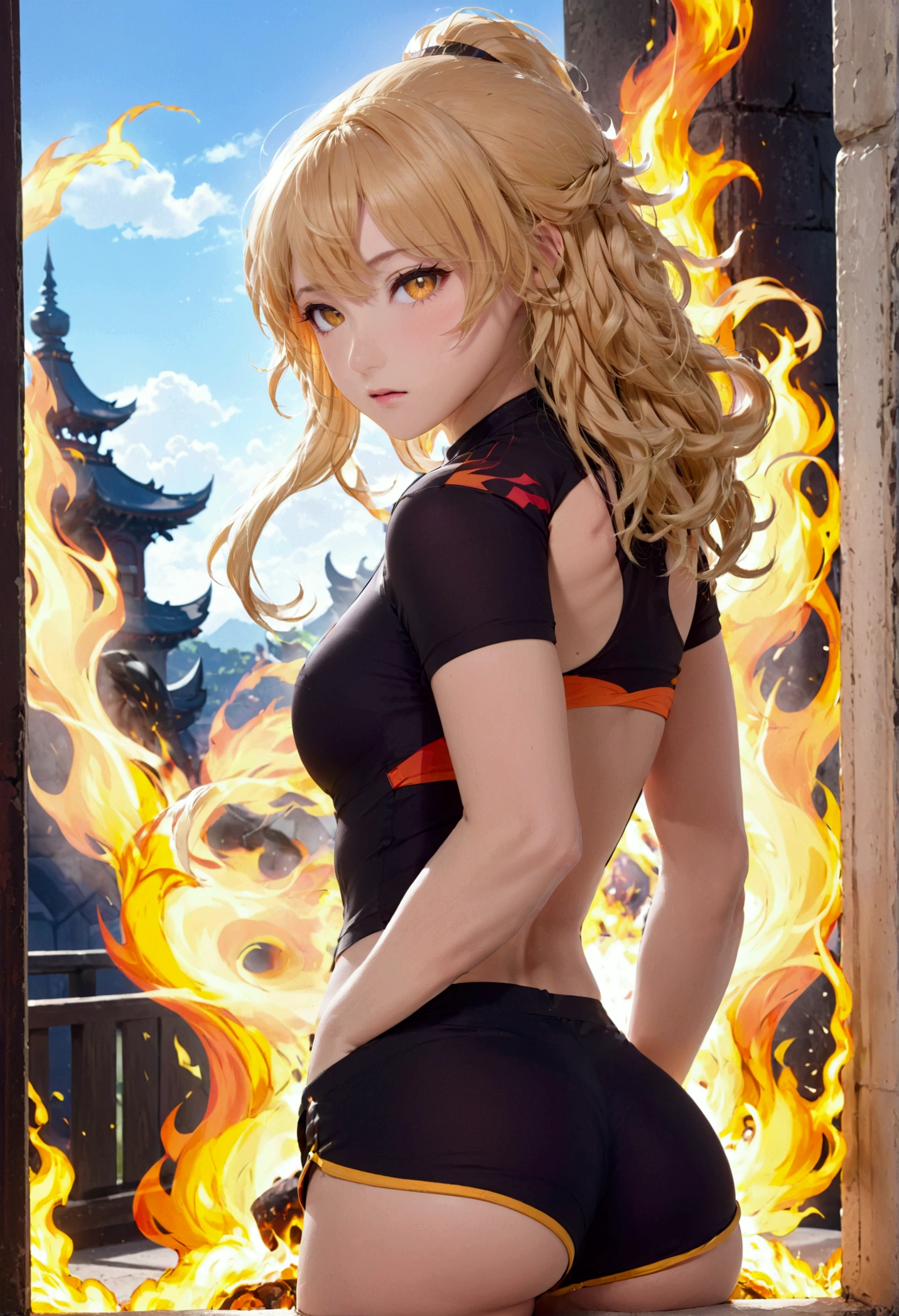 (promotional art), (Whole body), Yang Xiao Long of 'RWBY', aroused face, yellow hair, mystic fire all around, skin tight shorts, booty cheek shorts, 3/4 looking back pose, lean muscle, strong butt, ass cheek peaks out from shorts, underboob showing