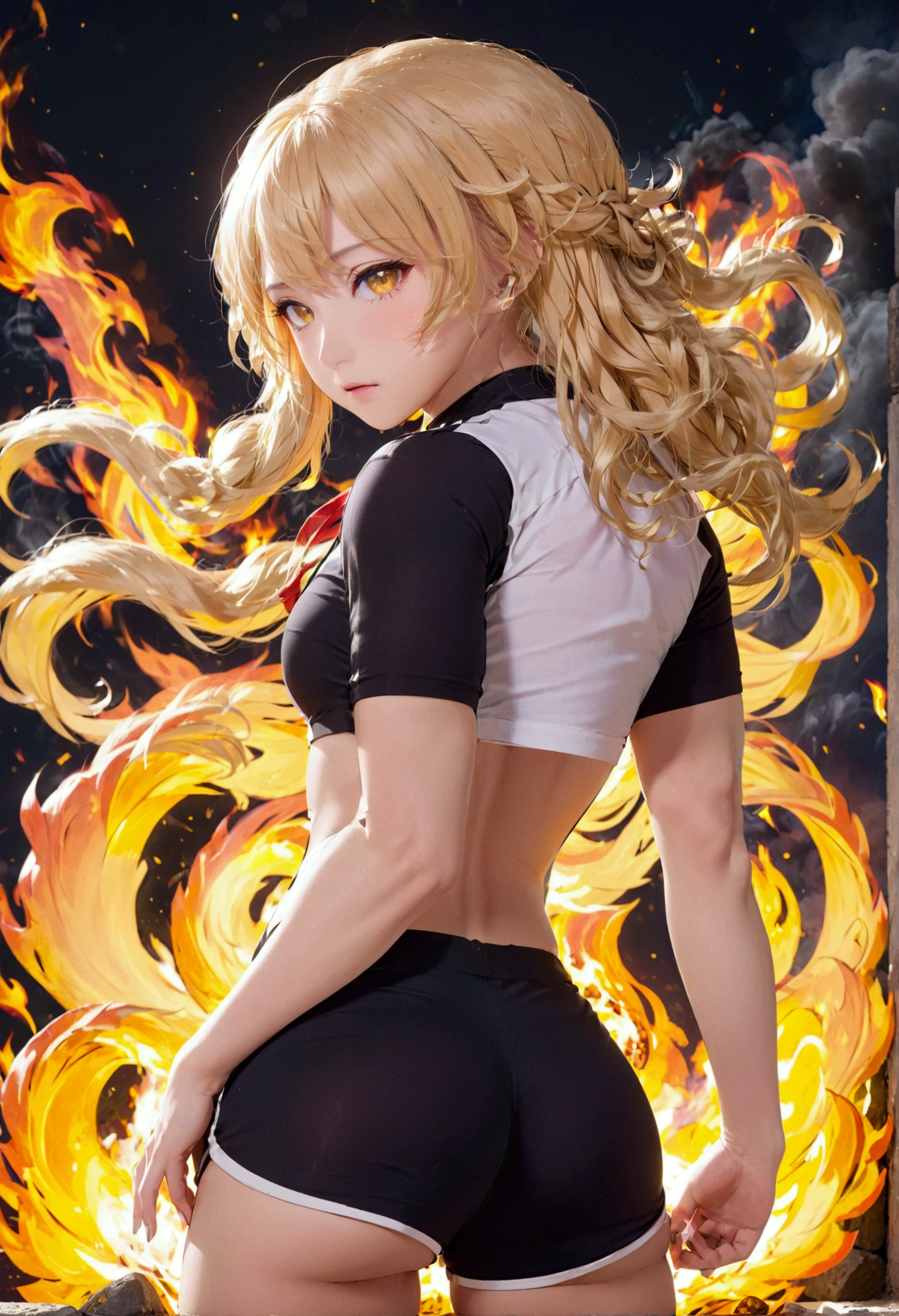 (promotional art), (Whole body), Yang Xiao Long of 'RWBY', aroused face, yellow hair, mystic fire all around, skin tight shorts, booty cheek shorts, 3/4 looking back pose, lean muscle, strong butt, ass cheek peaks out from shorts, underboob showing