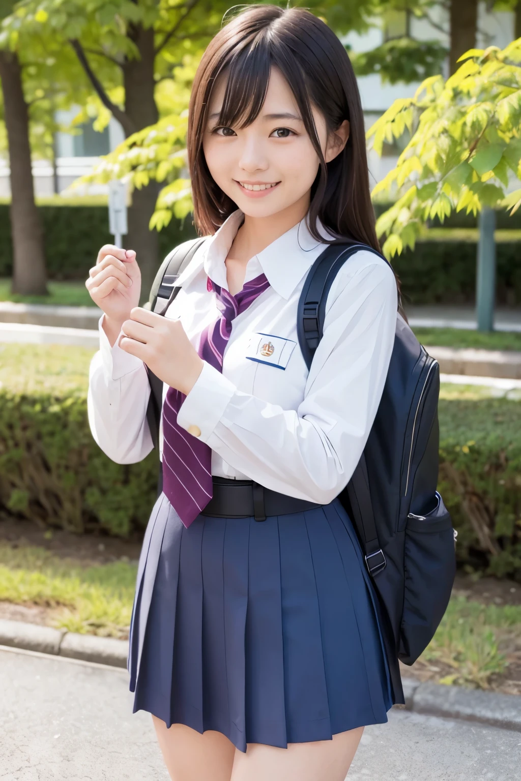 smiling, cute japanese woman, school uniform, Historical Exploration, Ruck sack, World Sights