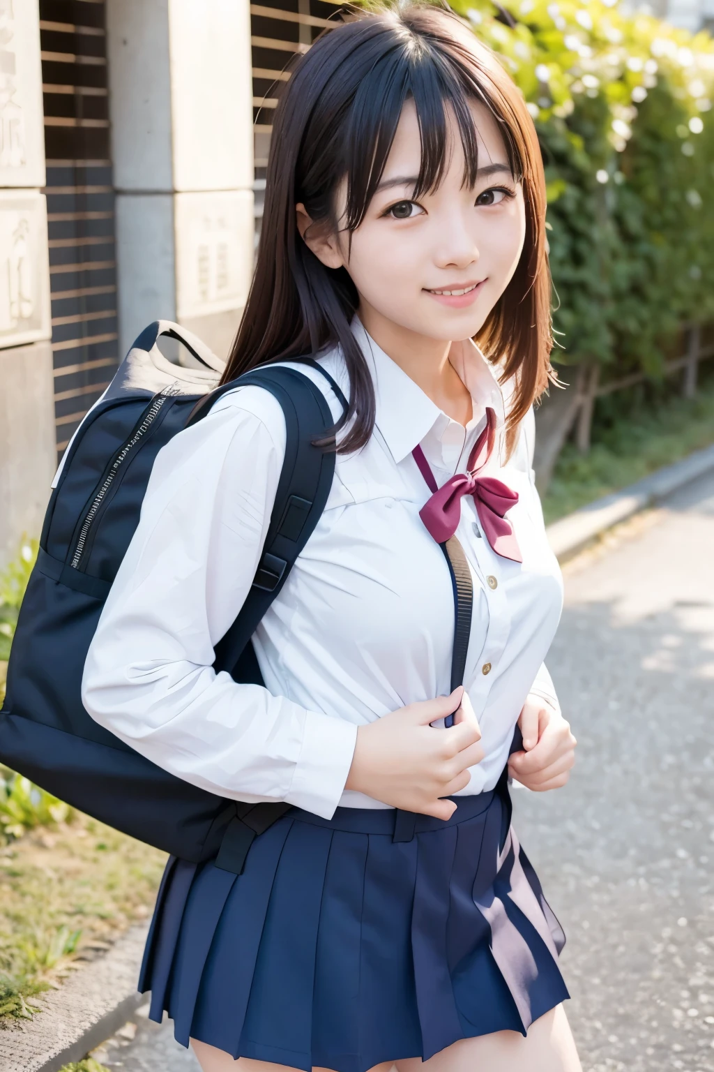smiling, cute japanese woman, school uniform, Historical Exploration, Ruck sack, World Sights