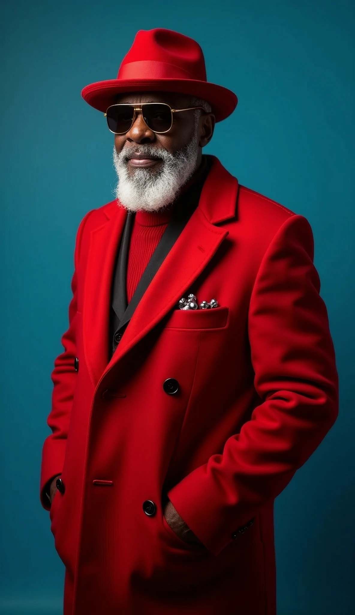 Elegant senior African American man in a red coat and hat, sunglasses on a blue background. A fashion portrait of an old cool black person with a gray beard dressed up for a Christmas party, rich colors and details, ultra sharp photo, octane render, dramatic light, award-winning photo, stock photography