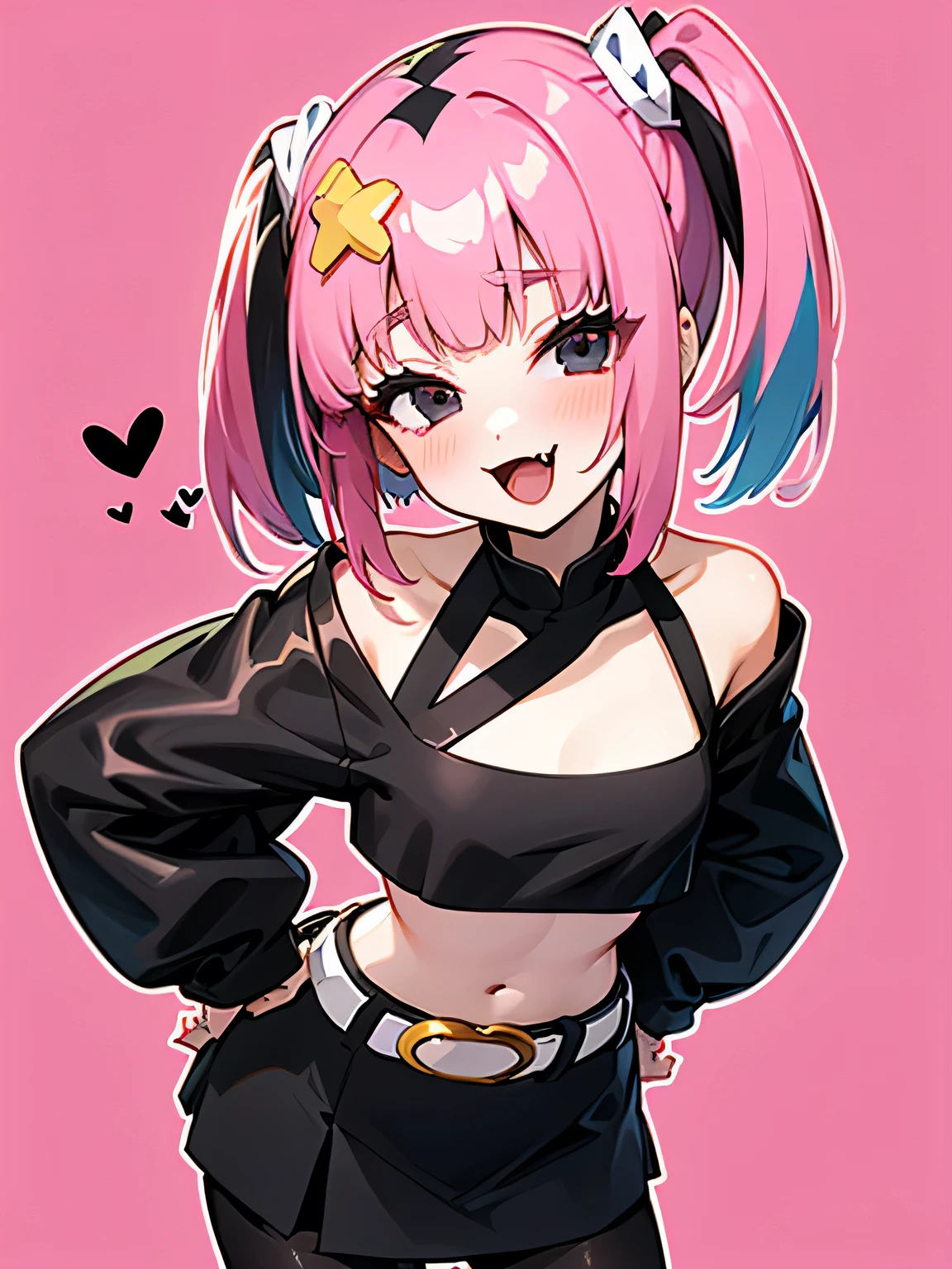 from above:1.3,1girl, solo, heart, fang, skirt, pink background, smile, black skirt, sleeves past wrists, blush, looking at viewer, open mouth, simple background, sleeves past fingers, crop top, hand on hip, shirt, long sleeves, pantyhose, belt, black shirt, cowboy shot, clothing cutout, midriff, :d, outline, sidelocks, miniskirt, :3, skin fang, grey eyes, white outline, bare shoulders, standing, long hair, multicolored hair, shiny, medium hair,Sango,Enchanting chest、(I am the star)