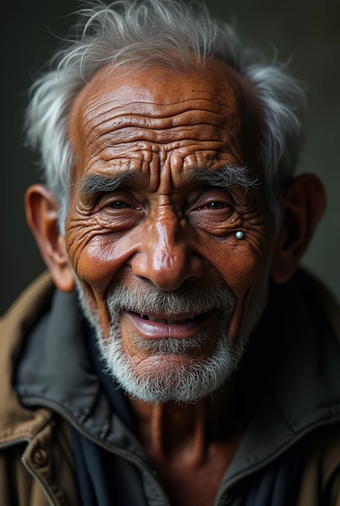 A beaten black old man smiling with one front teeth missing and drop of tears