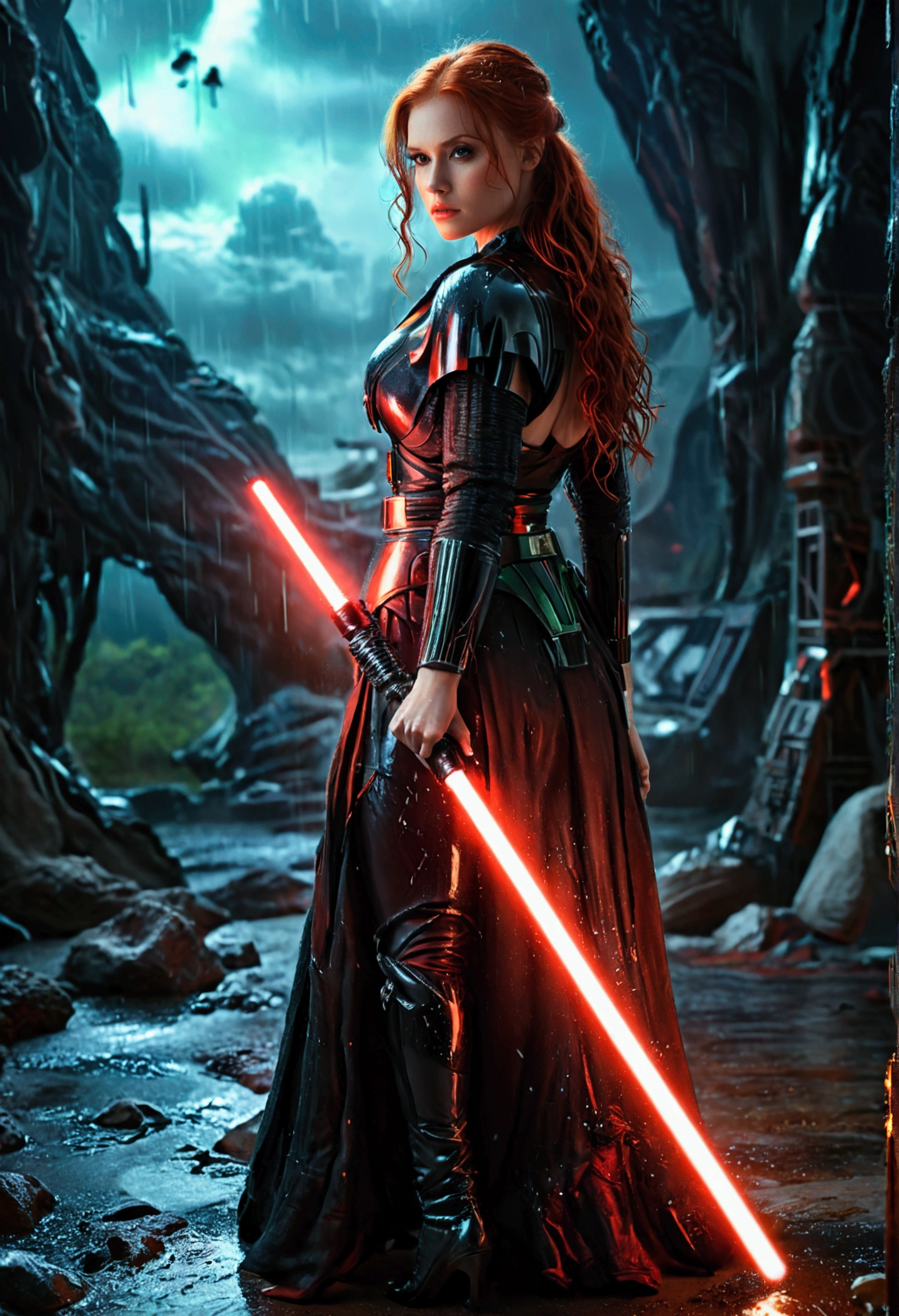 (full body shot:1) photorealistic image of a (standing pose:1) woman, ultrarealistic, photography, long red hair, woman, 24 years old, hourglass figure, perfect body, seductive look, natural medium breasts, blur background, in complete darkness, she is wearing a light jedi robe, she is holding a green lightsaber, the lightsaber is the only lightsource, on a dark destroyed space colony outside, it is raining, there is lightning in the background, she has her back to the camera, Darth Vader is approaching with his red lightsaber, she looks into the camera, long sexy legs, wet clothes, wet hair