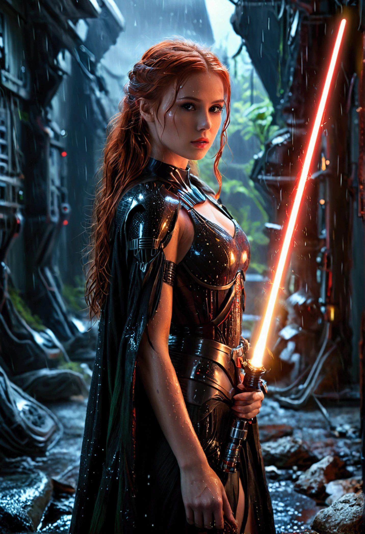 (full body shot:1) photorealistic image of a (standing pose:1) woman, ultrarealistic, photography, long red hair, woman, 24 years old, hourglass figure, perfect body, seductive look, natural medium breasts, blur background, in complete darkness, she is wearing a light jedi robe, she is holding a green lightsaber, the lightsaber is the only lightsource, on a dark destroyed space colony outside, it is raining, there is lightning in the background, she has her back to the camera, Darth Vader is approaching with his red lightsaber, she looks into the camera, long sexy legs, wet clothes, wet hair
