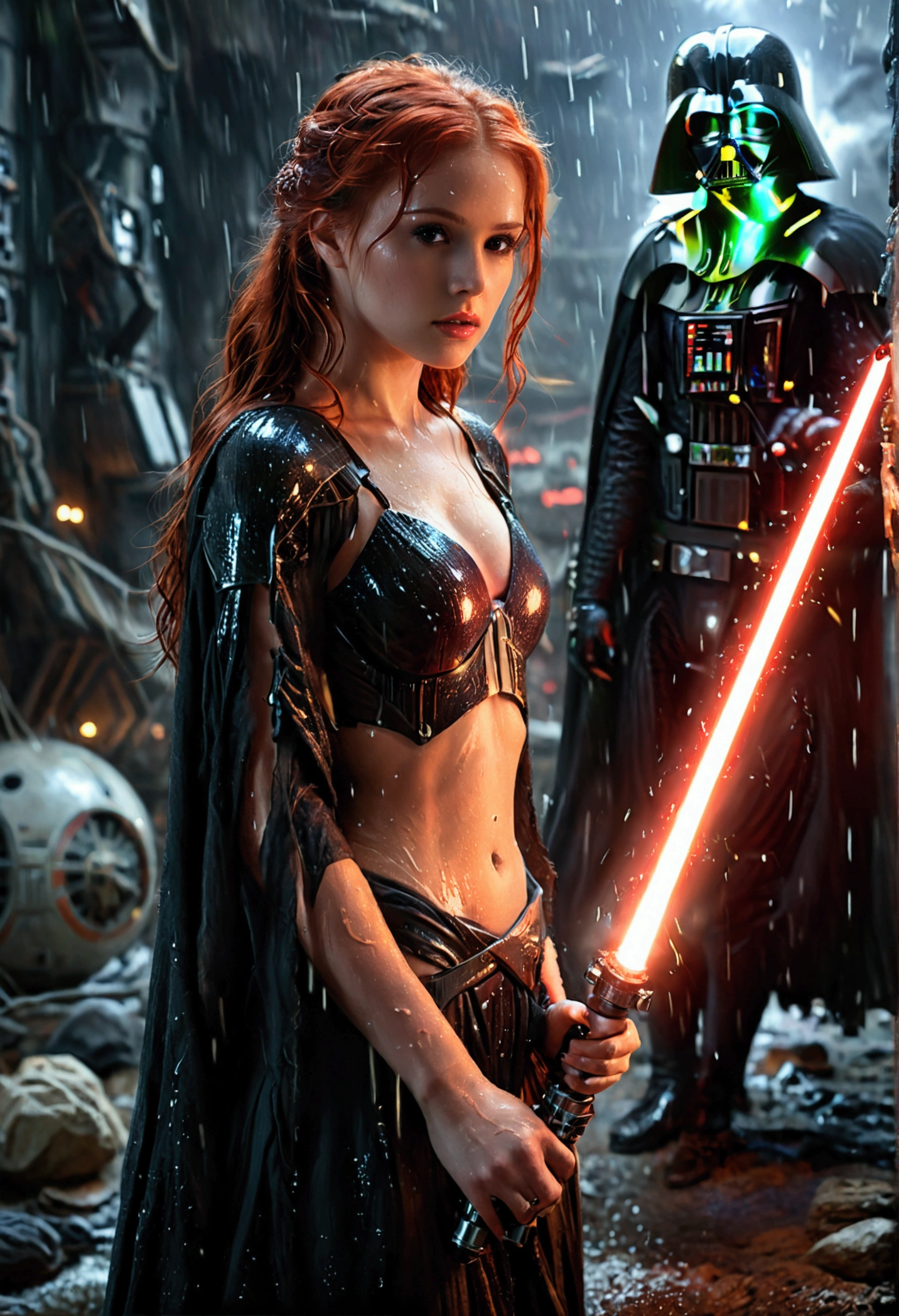 (full body shot:1) photorealistic image of a (standing pose:1) woman, ultrarealistic, photography, long red hair, woman, 24 years old, hourglass figure, perfect body, seductive look, natural medium breasts, blur background, in complete darkness, she is wearing a light jedi robe, she is holding a green lightsaber, the lightsaber is the only lightsource, on a dark destroyed space colony outside, it is raining, there is lightning in the background, she has her back to the camera, Darth Vader is approaching with his red lightsaber, she looks into the camera, long sexy legs, wet clothes, wet hair