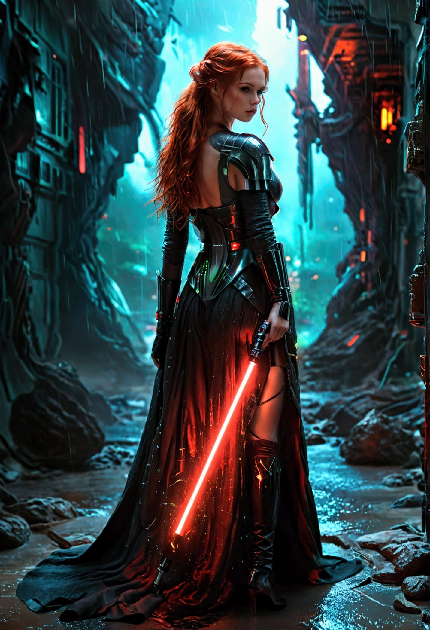 (full body shot:1) photorealistic image of a (standing pose:1) woman, ultrarealistic, photography, long red hair, woman, 24 years old, hourglass figure, perfect body, seductive look, natural medium breasts, blur background, in complete darkness, she is wearing a light jedi robe, she is holding a green lightsaber, the lightsaber is the only lightsource, on a dark destroyed space colony outside, it is raining, there is lightning in the background, she has her back to the camera, Darth Vader is approaching with his red lightsaber, she looks into the camera, long sexy legs, wet clothes, wet hair