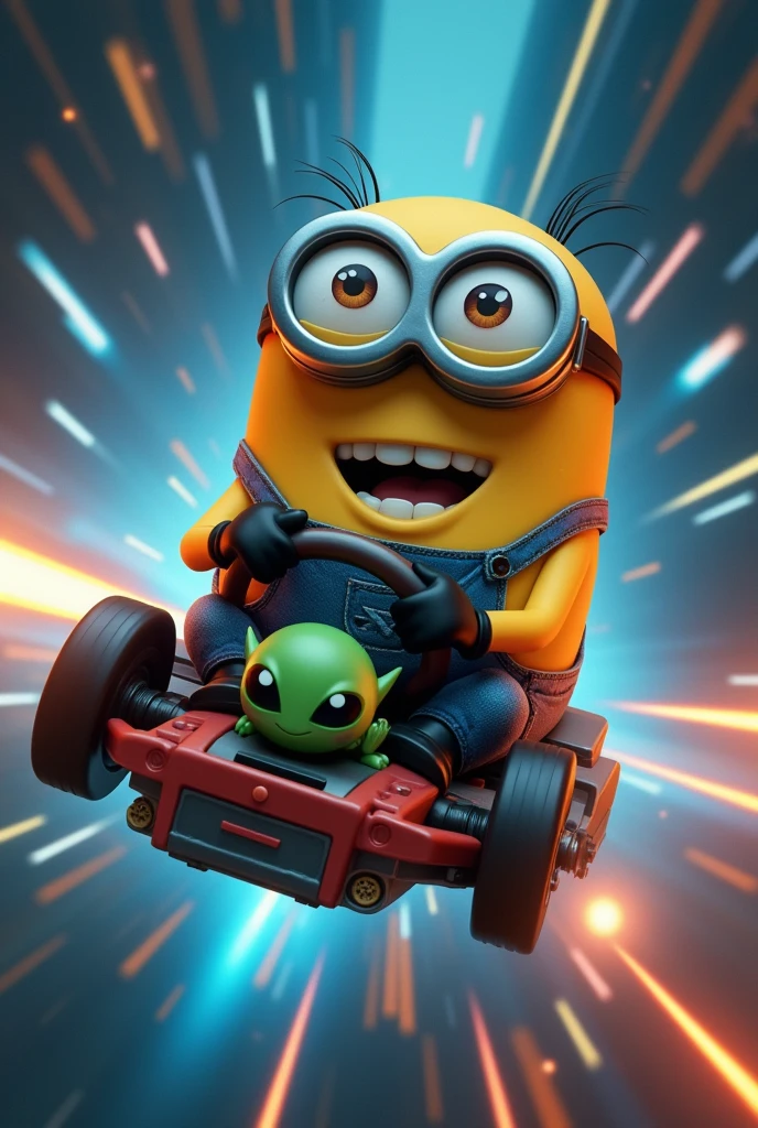 Minion driving a spaceship at full speed with an alien on board