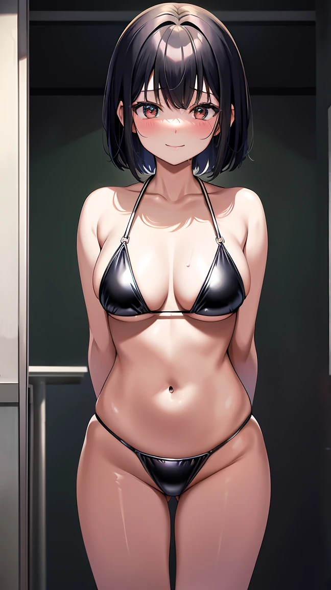 The generated image is、It depicts a 10-year-old Japanese girl.。She cut her black hair short、She has beautiful eyes and a shy smile.。Her face was red、Huge chest stands out。She is wearing a shiny black latex bikini、I put my arms behind my back。Her whole body is depicted、Standing posture。Background in the classroom、She was wet and、I&#39;m sweating。moreover、There is a lot of semen on her chest and body.。