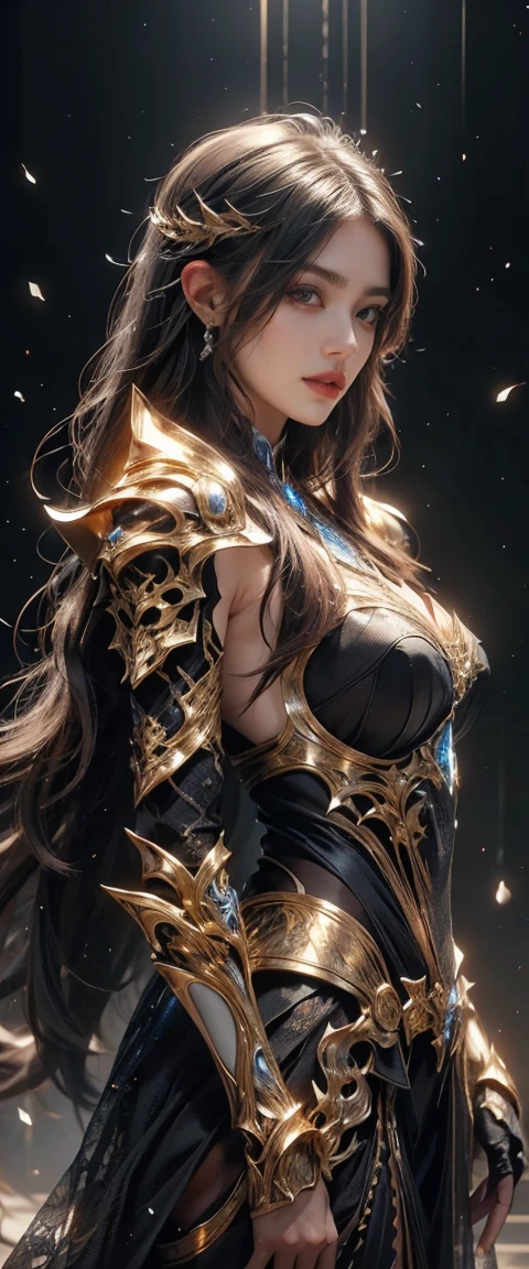 Front view, Masterpiece, Best quality, Realistic, Raw photo, (1 girl, looking at looker), Long hair, detailed beautiful blue eyes, White armor, Intricate armor, Delicate gold and black line pattern, Intricate pattern, Blue metal parts, Detail part, Dynamic pose, Detailed background, Dynamic light, Thai art pattern