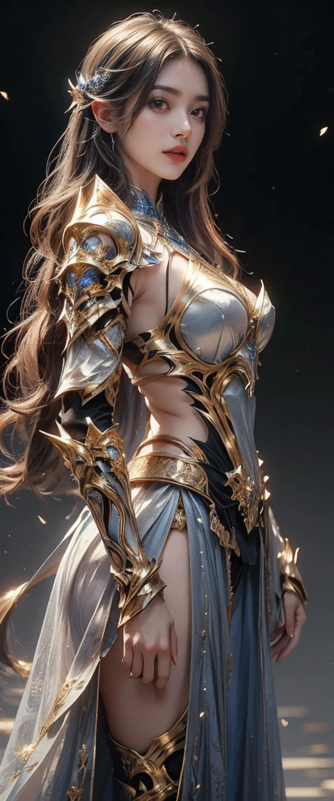 Front view, Masterpiece, Best quality, Realistic, Raw photo, (1 girl, looking at looker), Long hair, detailed beautiful blue eyes, White armor, Intricate armor, Delicate gold and black line pattern, Intricate pattern, Blue metal parts, Detail part, Dynamic pose, Detailed background, Dynamic light, Thai art pattern