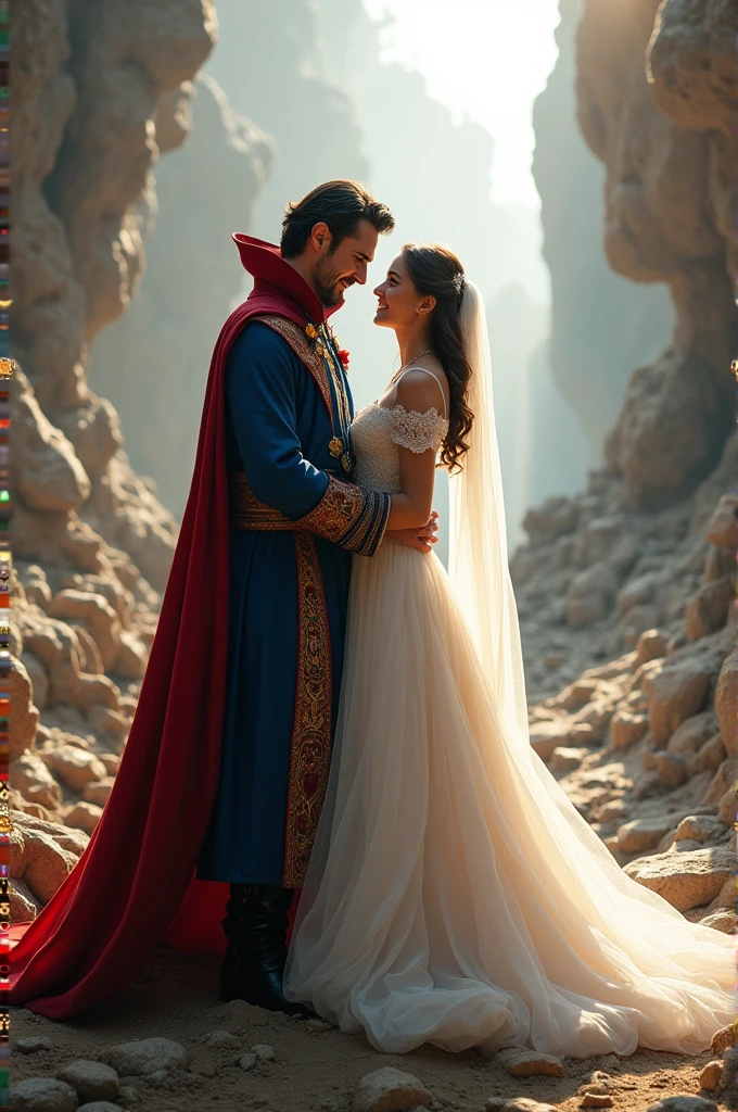 Generate a photo of Dr strange and Christine in groom and bride in front of crunch