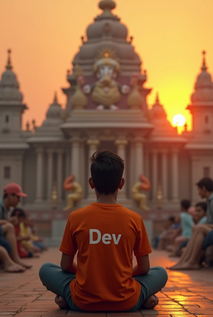 create realistic high quality image where a 20 year old Indian boy sitting & praying ahead to Ganesh ji, boy wearing saffron t-shirts on which name "Dev" is written boldly, beautiful background, sunrise, devotional atmosphere,Traditional temple, make sure name should be visible & correct.