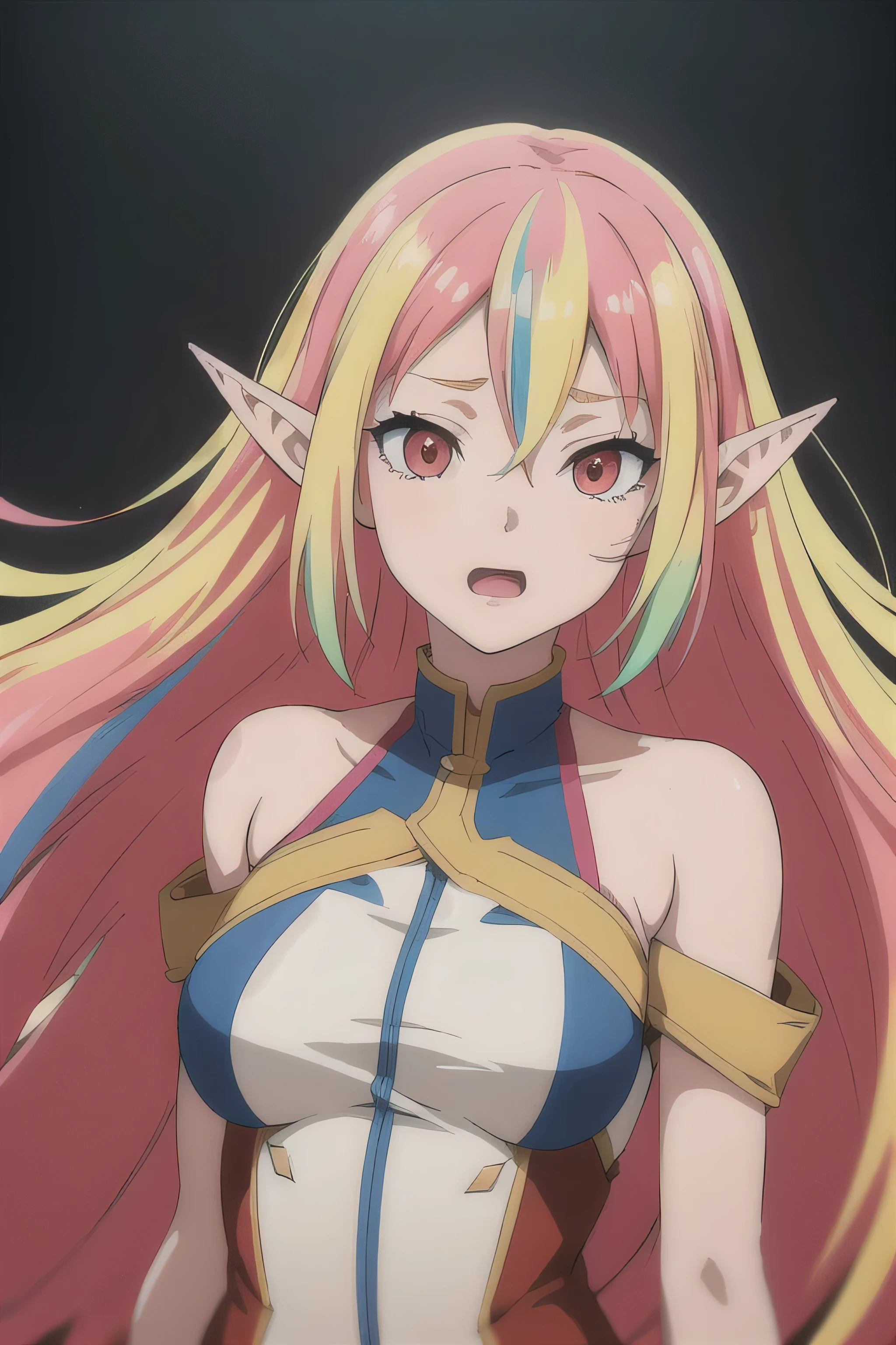 a beautiful anime girl, long flowing colorful hair with a feather hair ornament, multicolored eyes with long eyelashes, pointy elf-like ears, excited expression, highly detailed, 8k, masterpiece, digital painting, hyper realistic, vibrant colors, photorealistic, octane render, cinematic lighting, atmospheric, dramatic