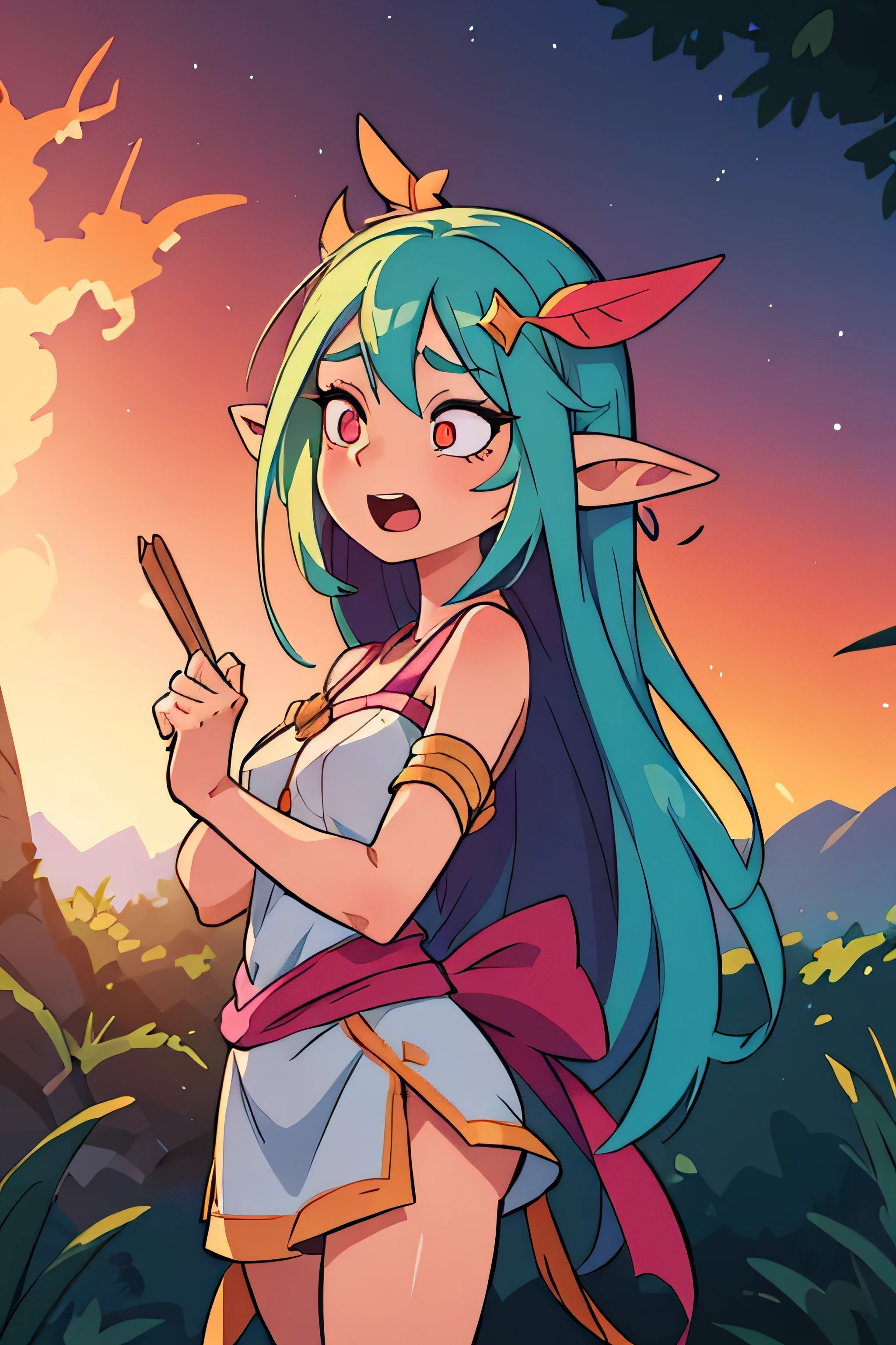 a beautiful anime girl, long flowing colorful hair with a feather hair ornament, multicolored eyes with long eyelashes, pointy elf-like ears, excited expression, highly detailed, 8k, masterpiece, digital painting, hyper realistic, vibrant colors, photorealistic, octane render, cinematic lighting, atmospheric, dramatic