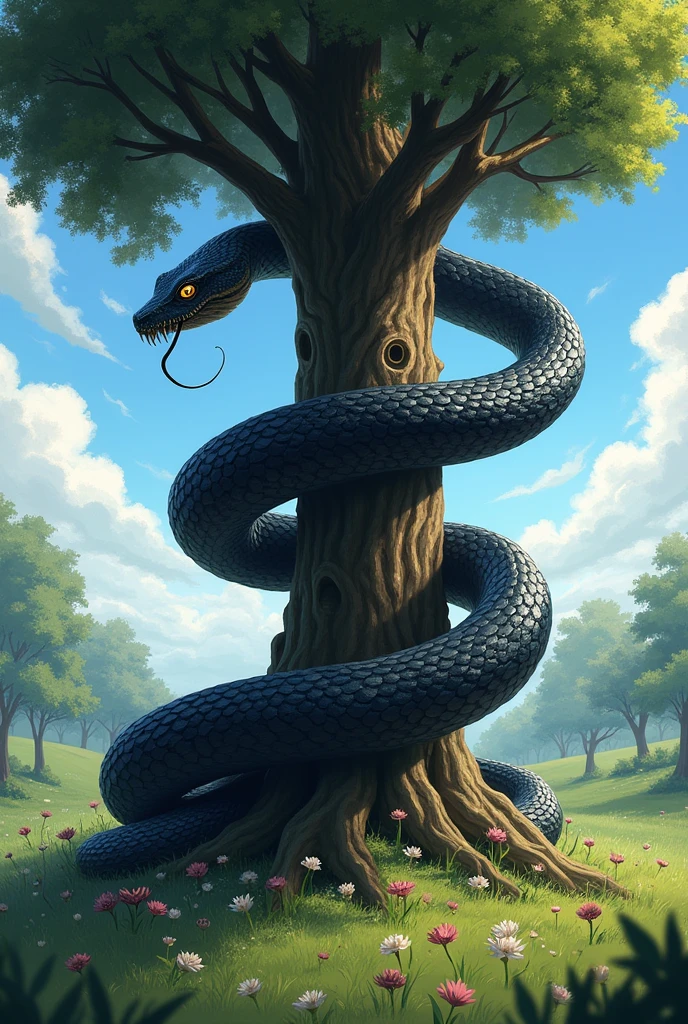 A large black snake coiled around the trunk of an apple tree