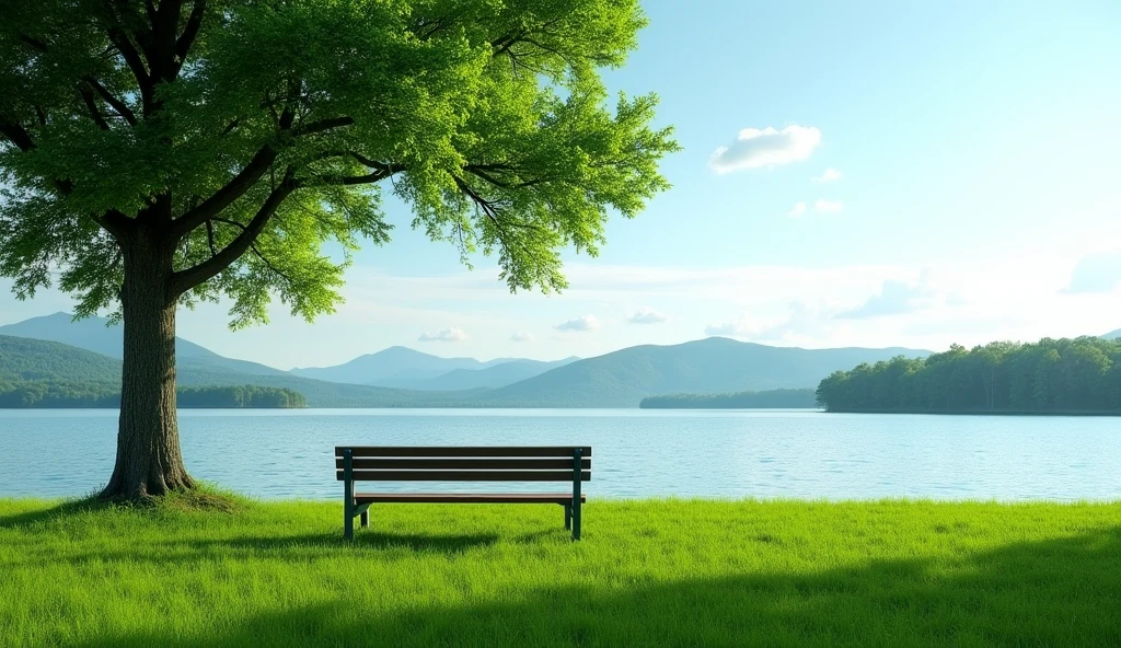 Grass, green grass on the lakeshore with an empty bench under a tree in front of it, lake water and sky background, lake view, green meadow landscape, high definition photography, super realistic scenery, high resolution, high quality, high detail, hyper-realistic, high-quality images, real photos, high-resolution images, ultra-high-definition images, beautiful scenery, lake and blue sky, green trees, green grass, high definition images, high details