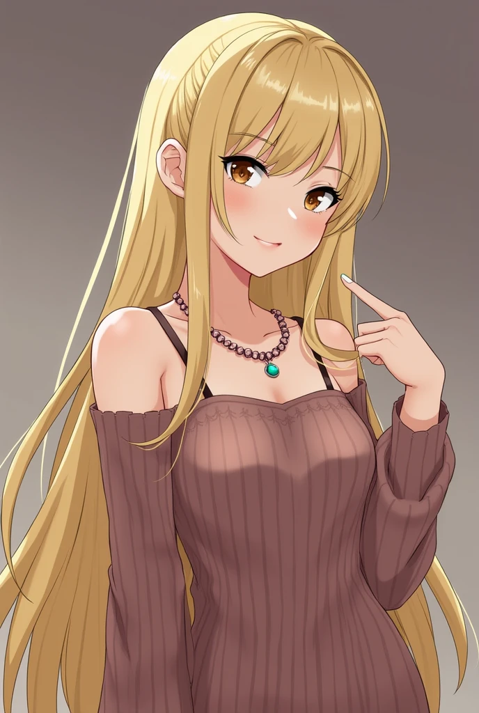 1girl in, 19, Solo, Long hair, Colossal , Looking at Viewer, blondehair, Bare shoulders, Brown eyes, jewely, Full body, a necklace, off shoulders, Sweaters, Realistic, A sexy