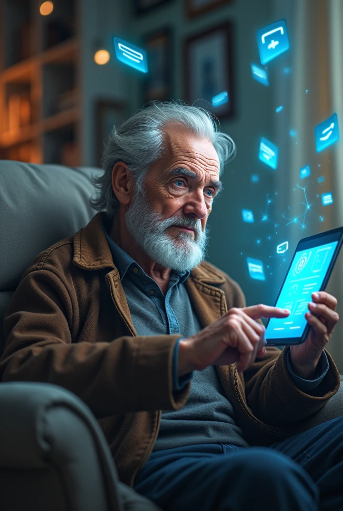 An Old Man surrounded by many social media app and assistant