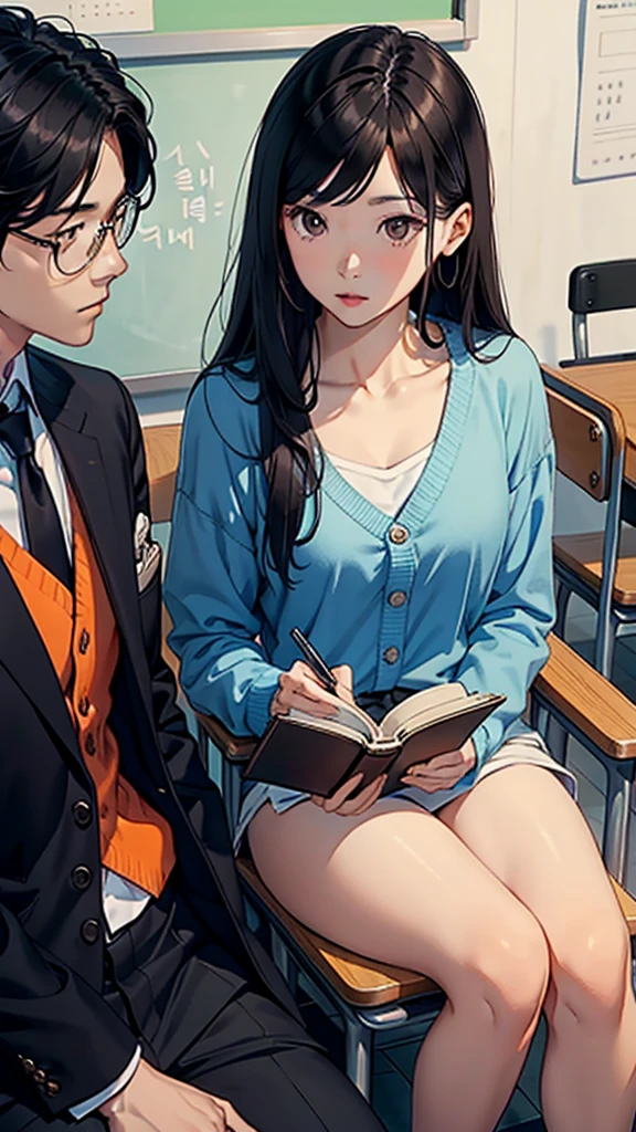 handsome Korean, tall , and flirty boy in the classroom sitting at chair staring a beautiful girl with long black brown hair in front of him, the girl is reading book and he is looking at her