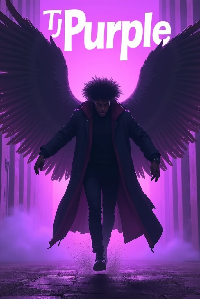 Afro male in a scary coat with huge wings running with the word Tj Purple boldly written on the background