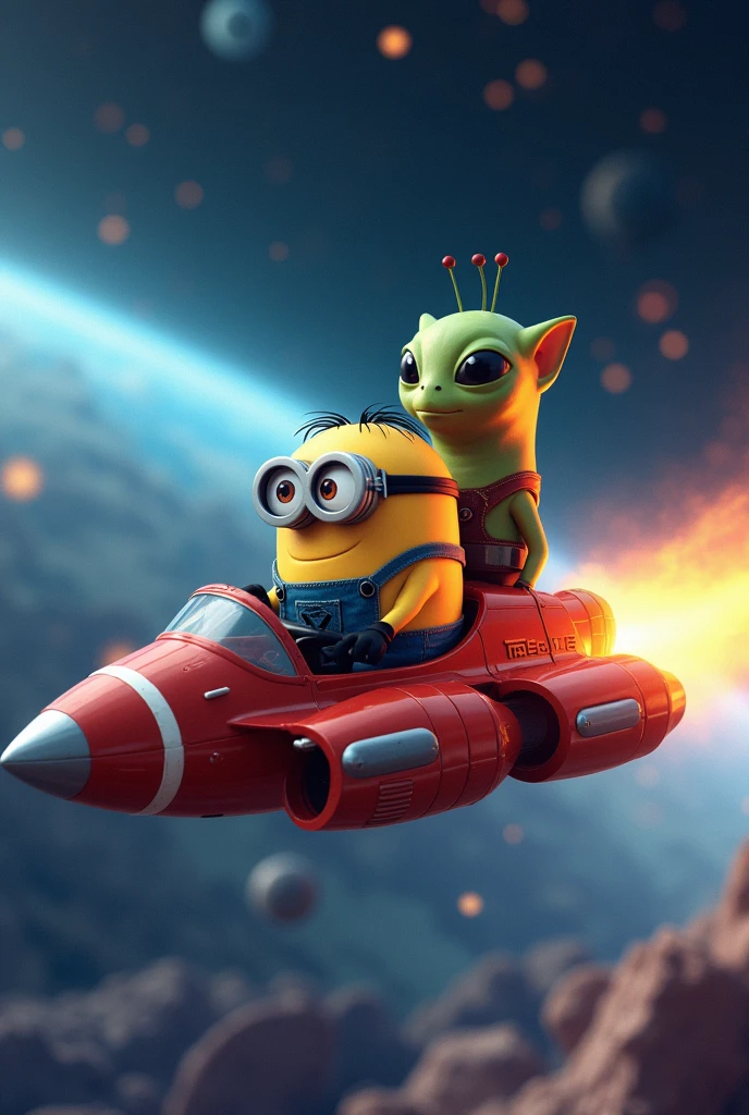 Minion driving a spaceship at full speed with an alien on board, in the space